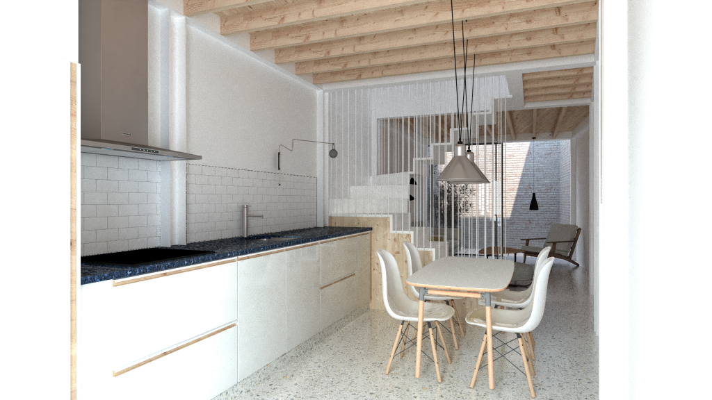 Cocina comedor y escalera. Terrazo, madera de pino, azulejos en brillo y muebles lacados en blanco completan la paleta de materiales